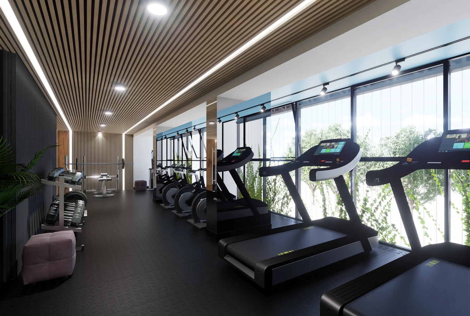 Gimnasio con vista al bulevar